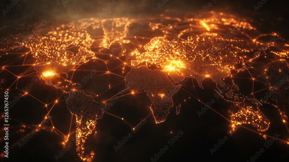 Poster global connectivity: a glowing network of data across the world map