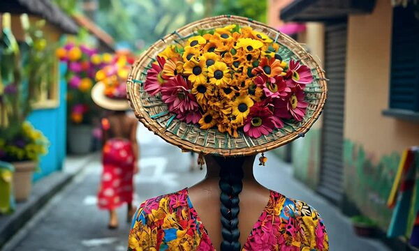 Woman in vibrant floral headdress at Balinese procession.