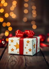 Gift box with gold stars and red bow on wooden background with bokeh lights - christmas background banner with copy space bokeh red bokeh abstract background glow design light texture effect sparkle