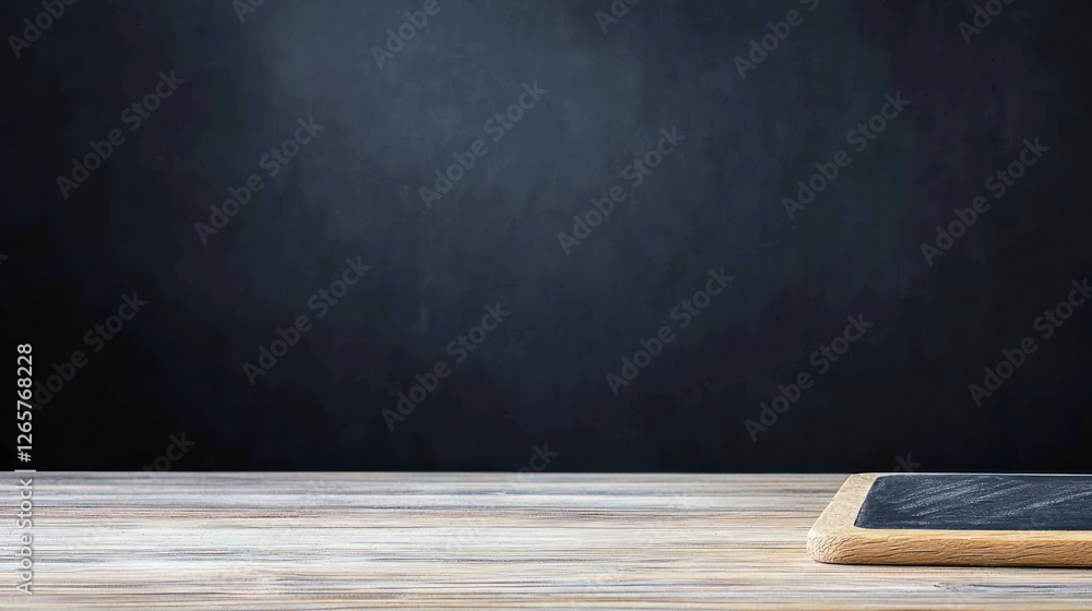 Poster empty slate on rustic wooden table against dark background