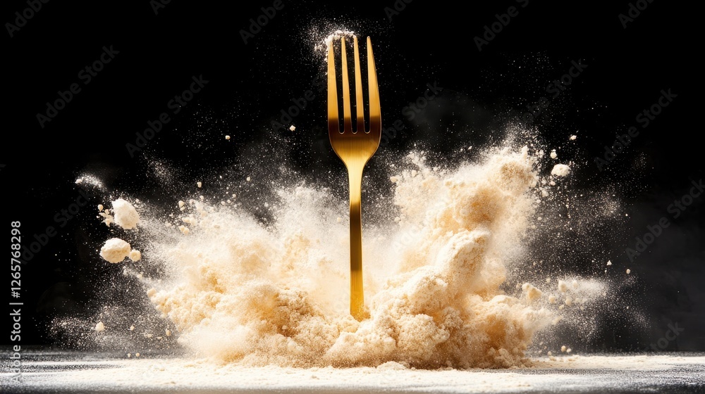 Poster a golden fork bursts forth from a cloud of flour, capturing a moment of artistic expression and emph
