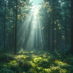 Obraz premium Enchanting Evergreen Forest with Ethereal Sunlight and Glowing Mushrooms