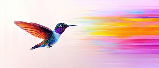 Obraz premium Vibrant Hummingbird in Flight Against Abstract Colorful Background