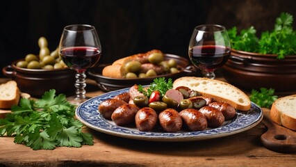 Country-style sausage dinner in deep tones representing a simplistic hearty meal