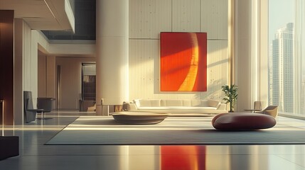 A modern reception area with sleek furniture and an impressive art piece.