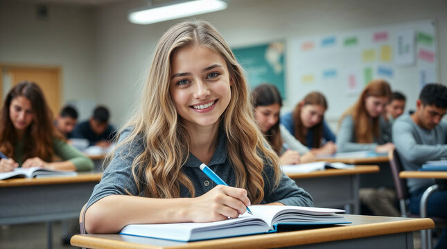 Smiling senior high school girl sitting at desk in classroom, writing in notebook, posing and looking at camera. Group of diverse classmates studying on background 