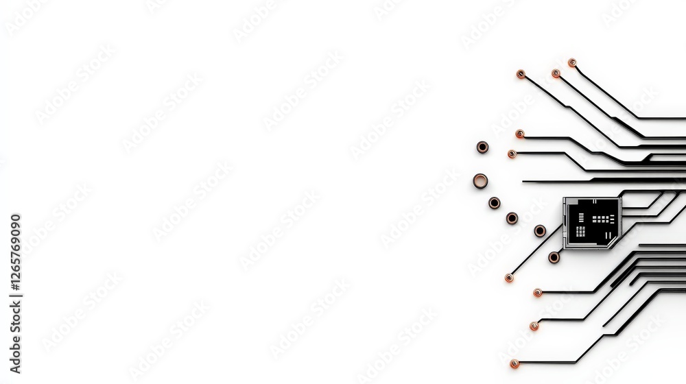 Poster modern circuit board design with microchip and wires on white background