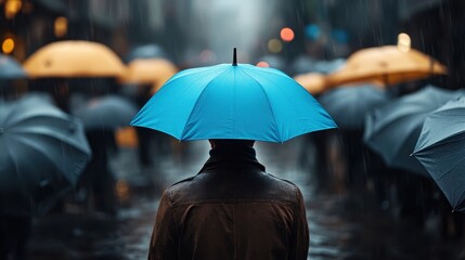 A lone figure stands with a blue umbrella in a sea of yellow and gray umbrellas, depicting individuality and resilience in a bustling, rainy urban environment.