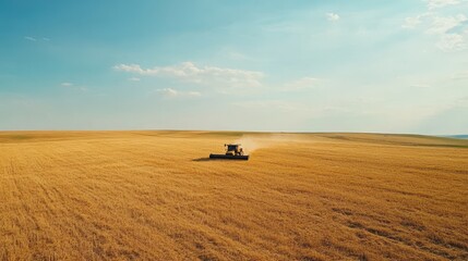 A yellow combine harvester working in a vast golden wheat field under a clear blue sky, showcasing the beauty of agricultural productivity.
