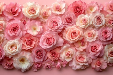 Obraz premium A soft pastel background featuring an array of delicate pink roses, creating a romantic and dreamy atmosphere for Valentine's Day or special events