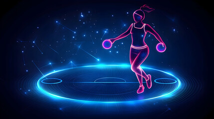 Obraz premium Woman virtual fitness workout, glowing neon platform, dark background, digital health app illustration