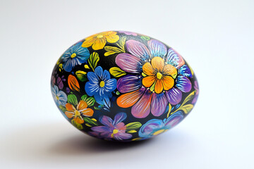 hand-painted Easter egg, floral motifs, handmade, primitive art, spring concept on white background