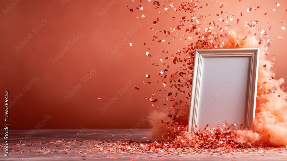 Poster the image features a vibrant display of confetti exploding around an empty frame, creating a joyful 