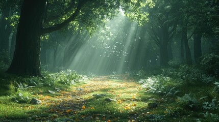 Obraz premium Serene Forest Pathway Illuminated by Soft Sunlight Filtering Through Lush Green Foliage and Vibrant Underbrush