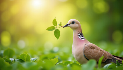 Dove holding leaf in lush garden, symbol of peace and harmony