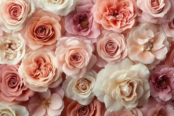 A soft pastel background featuring an array of delicate pink roses, creating a romantic and dreamy atmosphere for Valentine's Day or special events