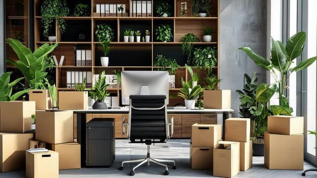 A modern office setup filled with plants and boxes, showcasing organization and serenity for a productive workspace atmosphere.