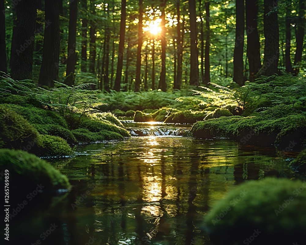 Poster a serene green forest with towering cedar trees and a glowing creek winding through a soft carpet of