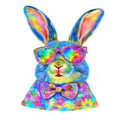 Psychedelic Rabbit with Colorful Sunglasses and Bowtie