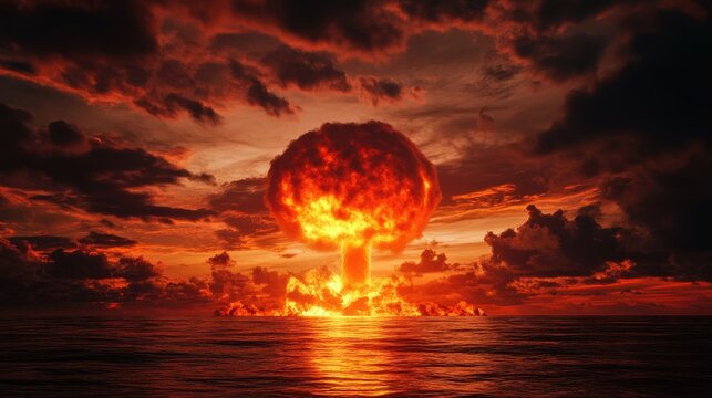 A dramatic scene of a nuclear explosion occurring over the ocean at sunset, with vibrant colors exploding against a dark sky. - Powered by Adobe