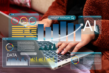 A woman's hands type on a laptop surrounded by AI-driven analytics, graphs and data visualizations. The image represents financial growth profit margin analysis business intelligence digital strategy.