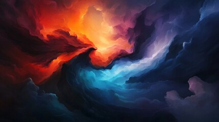 An abstract artwork depicting a swirling nebula or cloud formation in shades of blue, orange, and dark hues. The colors blend and contrast, creating a dynamic and otherworldly scene