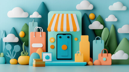 Fototapeta premium Digital technology, A high-fidelity 3D depiction of a futuristic e-commerce shopping environment.