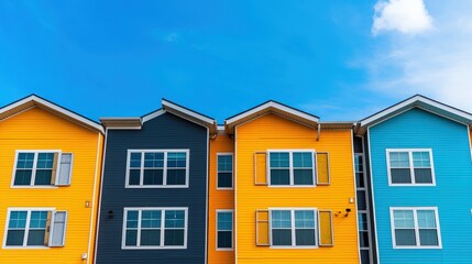 Home insurance property and earthquake, A vibrant row of colorful apartment buildings under a clear blue sky, showcasing modern architecture and a cheerful atmosphere.