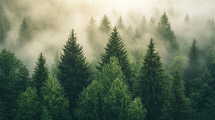 Fototapeta premium A serene landscape of lush green coniferous trees emerging from a misty forest at dawn, creating a tranquil and ethereal atmosphere.