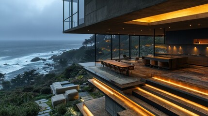 Fototapeta premium Coastal Modern Home, Ocean View, Multi-Level Deck, Dusk