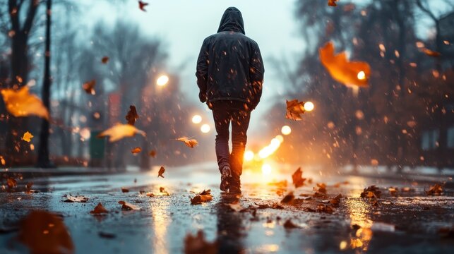 A solitary figure walks down a rainy autumn street, highlighting themes of introspection, nostalgia, and the bittersweet nature of fleeting moments in a beautiful yet melancholic scene.