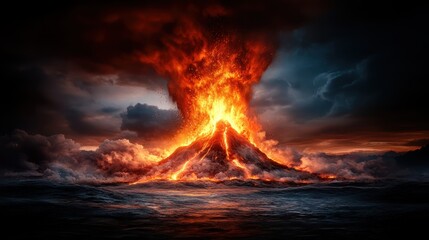 An explosive volcanic eruption surrounded by churning ocean waves, illustrating the fierce power of nature and its capacity to transform landscapes dramatically.