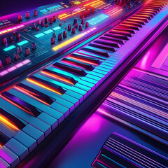 Neon-lit keyboard, music studio, vibrant colors, modern technology, creating music, background blurred