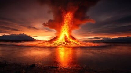 A breathtaking view of an erupting volcano at sunset, surrounded by dramatic clouds and vibrant colors, capturing nature’s raw power and beauty in this stunning landscape.