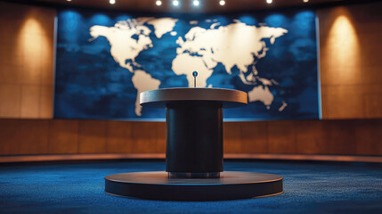 A podium with a microphone stands in front of a world map, set in a conference room with professional lighting, symbolizing press conference, global leadership and diplomacy.