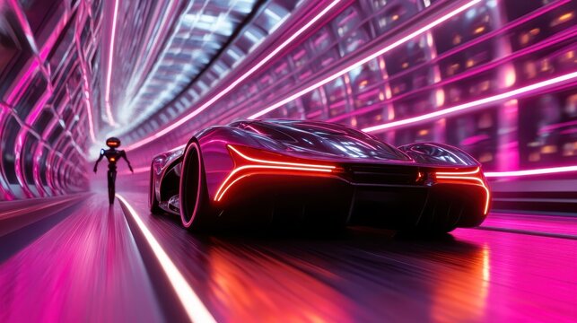 A stunning futuristic car races through a colorful tunnel filled with neon lights, accompanied by a robotic figure, symbolizing speed, technology, and modern urban life.