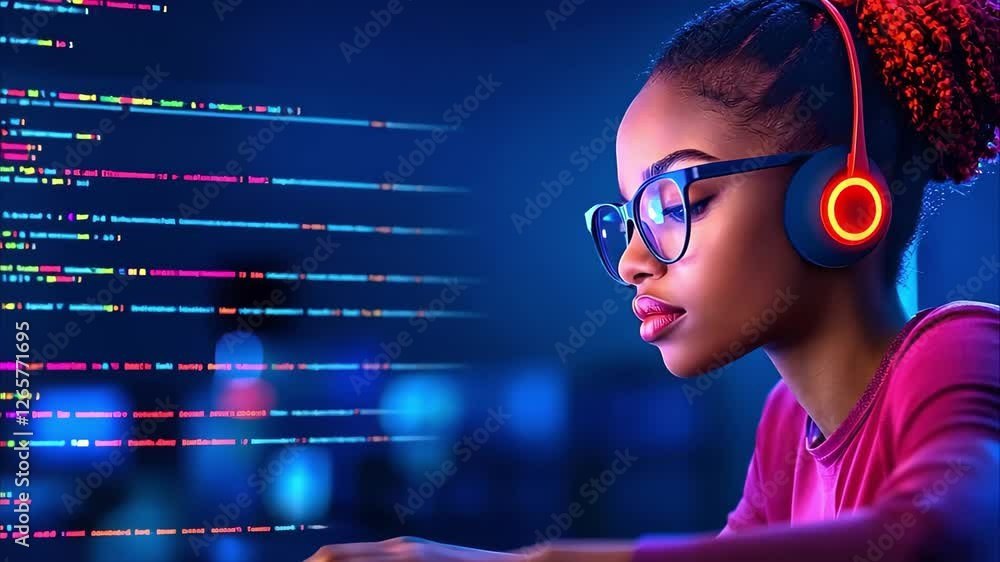 Poster a young woman wearing headphones is focused on coding, with colorful programming text visible on a s