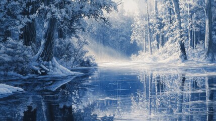 Snowy winter landscape with trees and reflections on water