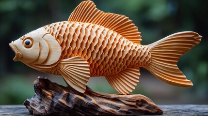 Intricate wooden fish sculpture, outdoors, nature backdrop, home decor