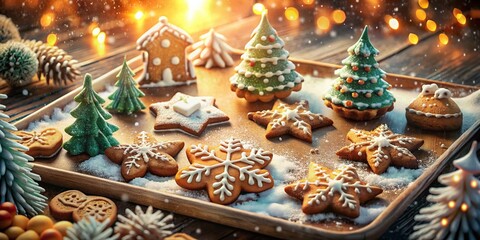 Festive Double Exposure: Christmas Gingerbread Cookies Baking Sheet