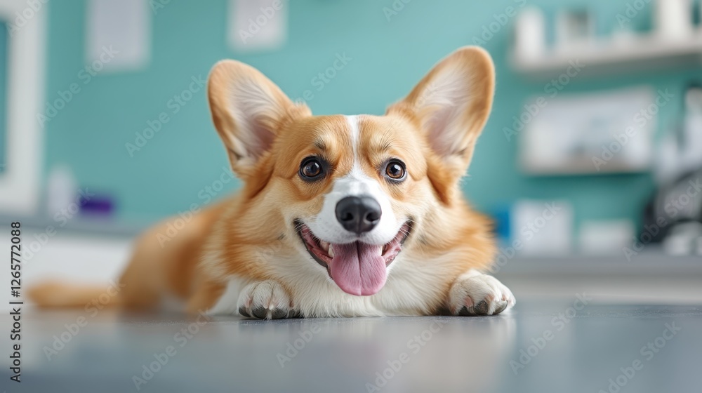 Aufkleber this delightful corgi showcases a joyful expression while lounging on a table, perfectly capturing t