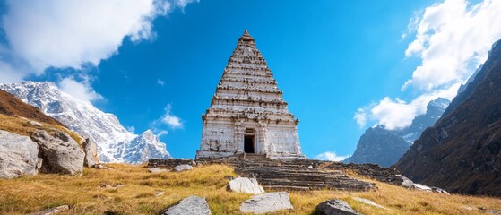 Mountain temple, Himalayan backdrop, autumn