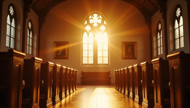 Sunlight illuminating empty church pews, serene atmosphere