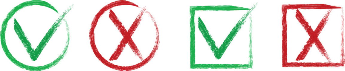 Check mark cross sign in grunge style. Yes and no symbol. Dirty hand drawn brush stroke.