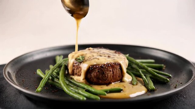 Gourmet slow motion video of succulent beef fillet, generously covered in aromatic white truffle cream with black pepper, accompanied by a side of crisp green beans on a stylish black plate