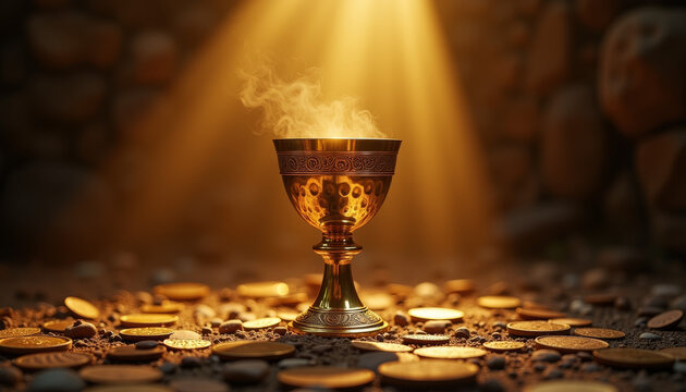 Golden holy grail emitting mysterious glow surrounded by coins, treasure quest