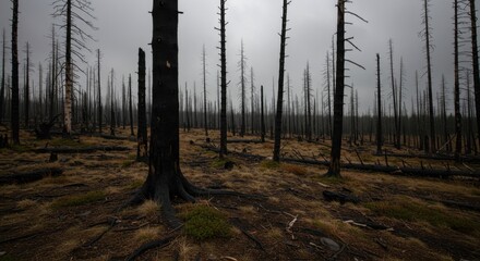 The haunting aftermath of a forest fire, with charred trees against a gray sky