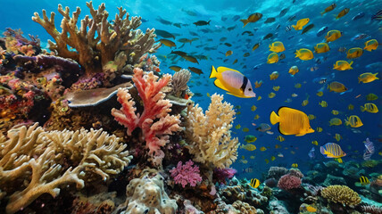 Fototapeta premium A vivid underwater scene features a rich coral reef bustling with an array of colorful fish.
