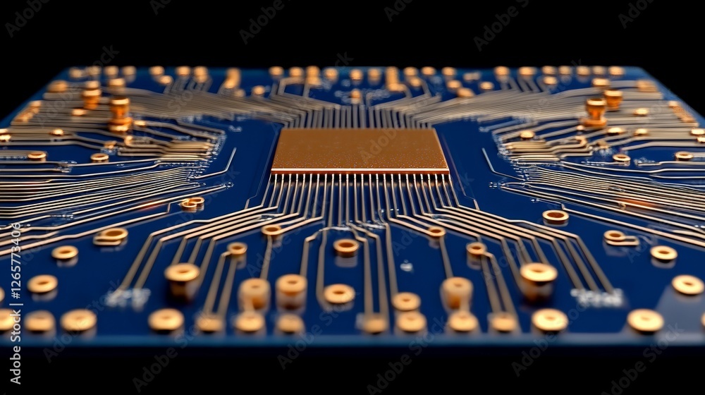 Poster microprocessor circuit board with gold connectors and blue background