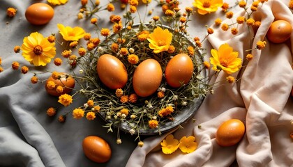 Easter eggs elegance. Orange eggs in a decorative plate with yellow and orange floral designs